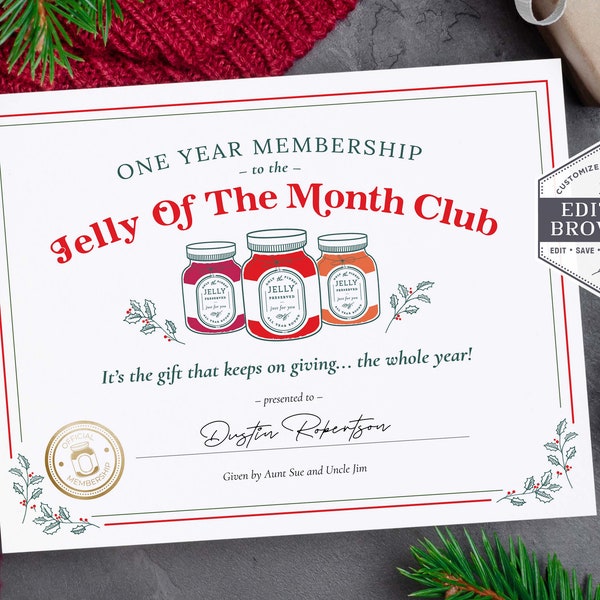Jelly of the Month Club Download, druckbare Jelly of the Month Club, Weihnachtsferien Gag Geschenk, Jelly of the Month Zertifikat, DIY Corjl