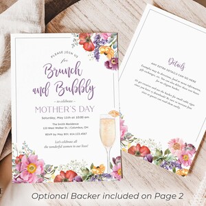 May include: A floral-themed invitation for a Mother's Day brunch and bubbly celebration. The invitation features a watercolor illustration of flowers and a glass of champagne. The text reads "Please join us for Brunch and Bubbly - to celebrate - Mother's Day".