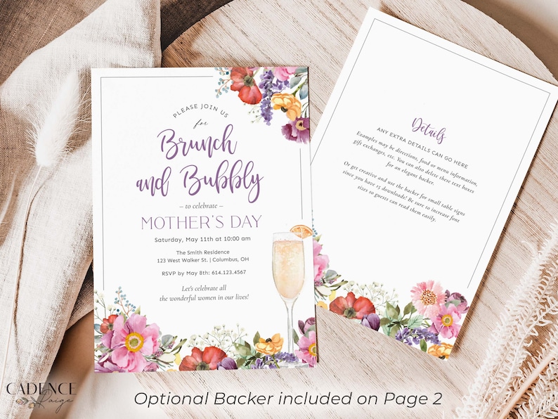 May include: A floral-themed invitation for a Mother's Day brunch and bubbly celebration. The invitation features a watercolor illustration of flowers and a glass of champagne. The text reads "Please join us for Brunch and Bubbly - to celebrate - Mother's Day".