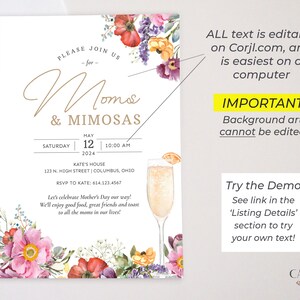Puede incluir: Una invitaci&oacute;n imprimible para un brunch del D&iacute;a de la Madre con un dise&ntilde;o floral y el texto "Mimosas & Mimosas". La invitaci&oacute;n est&aacute; programada para el s&aacute;bado 12 de mayo a las 10:00 AM en la casa de Kate. La direcci&oacute;n es 123 N. High Street, Columbus, Ohio. El n&uacute;mero de RSVP es 614.123.4567.