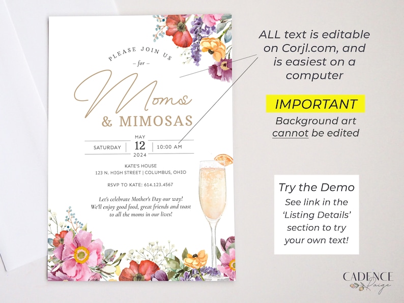 Puede incluir: Una invitaci&oacute;n imprimible para un brunch del D&iacute;a de la Madre con un dise&ntilde;o floral y el texto "Mimosas & Mimosas". La invitaci&oacute;n est&aacute; programada para el s&aacute;bado 12 de mayo a las 10:00 AM en la casa de Kate. La direcci&oacute;n es 123 N. High Street, Columbus, Ohio. El n&uacute;mero de RSVP es 614.123.4567.