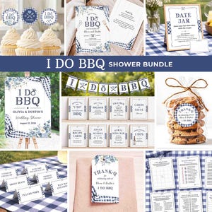 May include: A collection of wedding shower decorations with a blue and white gingham theme. Includes cupcake toppers, invitations, signs, a banner, and game cards. The theme is "I Do BBQ."