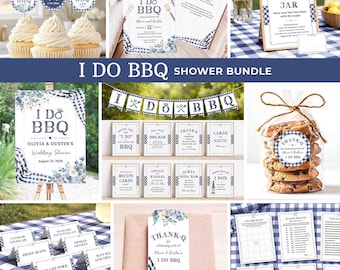 May include: A collection of wedding shower decorations with a blue and white gingham theme. Includes cupcake toppers, invitations, signs, a banner, and game cards. The theme is "I Do BBQ."