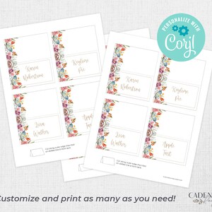 May include: Printable place cards with floral borders. The cards are white with a gold border and feature a watercolor floral design in shades of pink, blue, and green. The text on the cards reads "Karon Robertson", "Keylime Pie", "Lisa Walter", and "Apple Tart".
