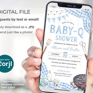 Invite guests to baby shower BBQ with this light blue Baby-Q shower invitation perfect for celebrating a baby boy on his way! This digital design features accents of  light blue gingham, twinkling lights, a matching bunting, all to inspire your decorations for a casual yet darling BBQ! The grilling tools, grill, baby shoes, bottle, and flowers can be deleted or moved if you prefer.