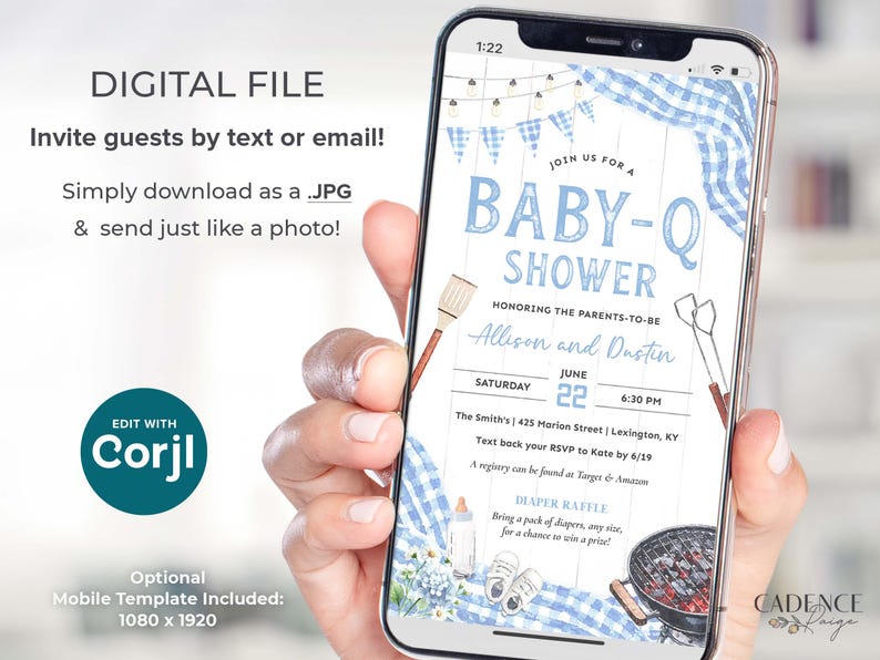 Invite guests to baby shower BBQ with this light blue Baby-Q shower invitation perfect for celebrating a baby boy on his way! This digital design features accents of  light blue gingham, twinkling lights, a matching bunting, all to inspire your decorations for a casual yet darling BBQ! The grilling tools, grill, baby shoes, bottle, and flowers can be deleted or moved if you prefer.