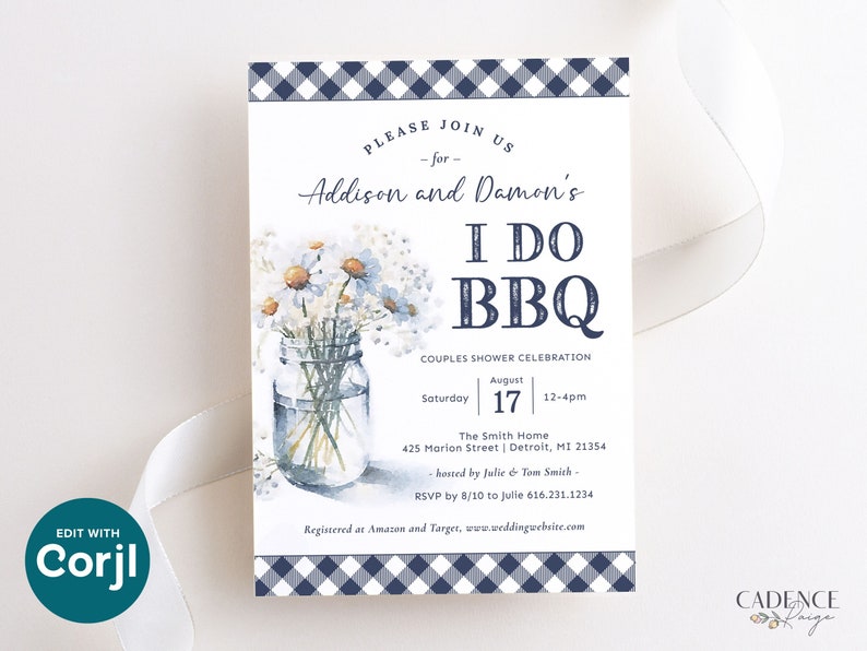 I Do BBQ shower invitation featuring navy gingham and a watercolor mason jar filled with daisies. The invitation is perfect for a summer picnic or backyard I Do BBQ celebration.