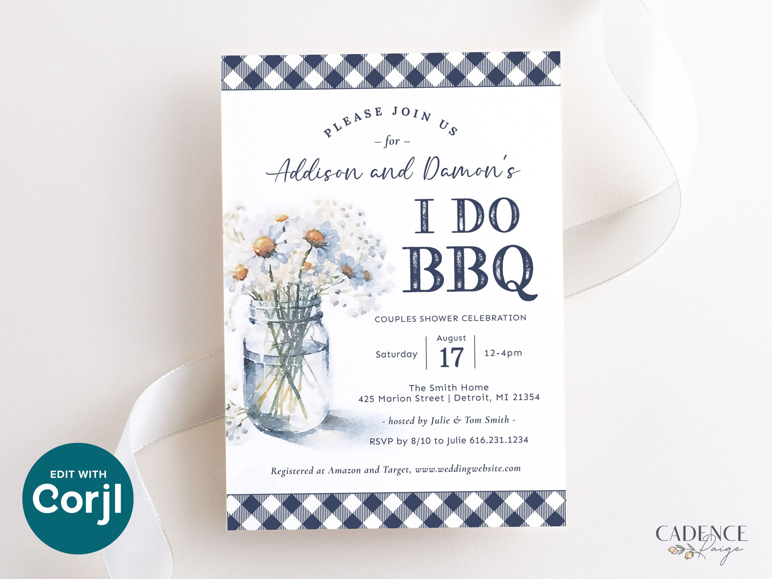 Digital Navy I Do BBQ Shower Invitation with Daisies
