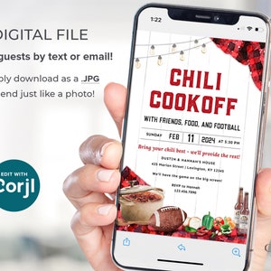 May include: A digital invitation for a chili cookoff with friends, food, and football. The invitation features a red and black buffalo plaid design with a white wooden background. The text on the invitation reads "Chili Cookoff" with friends, food, and football. The date and time of the event are listed as Sunday, February 11, 2024 at 5:30 PM. The location is listed as Dustin & Hannah's House, 435 Marion Street, Lexington, KY 12345. The invitation also includes the text "Bring your chili best - we'll provide the rest!" and "We'll have the game on the big screen!" The RSVP information is listed as 123.456.7890.