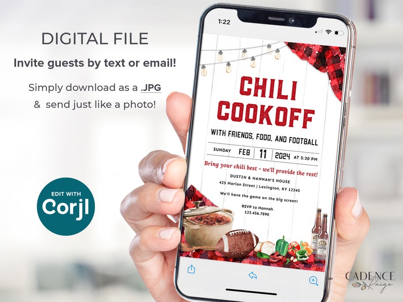 May include: A digital invitation for a chili cookoff with friends, food, and football. The invitation features a red and black buffalo plaid design with a white wooden background. The text on the invitation reads "Chili Cookoff" with friends, food, and football. The date and time of the event are listed as Sunday, February 11, 2024 at 5:30 PM. The location is listed as Dustin & Hannah's House, 435 Marion Street, Lexington, KY 12345. The invitation also includes the text "Bring your chili best - we'll provide the rest!" and "We'll have the game on the big screen!" The RSVP information is listed as 123.456.7890.