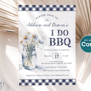 Invitation for BBQ Couples Shower in Navy I Do BBQ Shower Invitation with Daisies in Mason Jar and Navy Gingham Digital Invitation for BBQ image 4