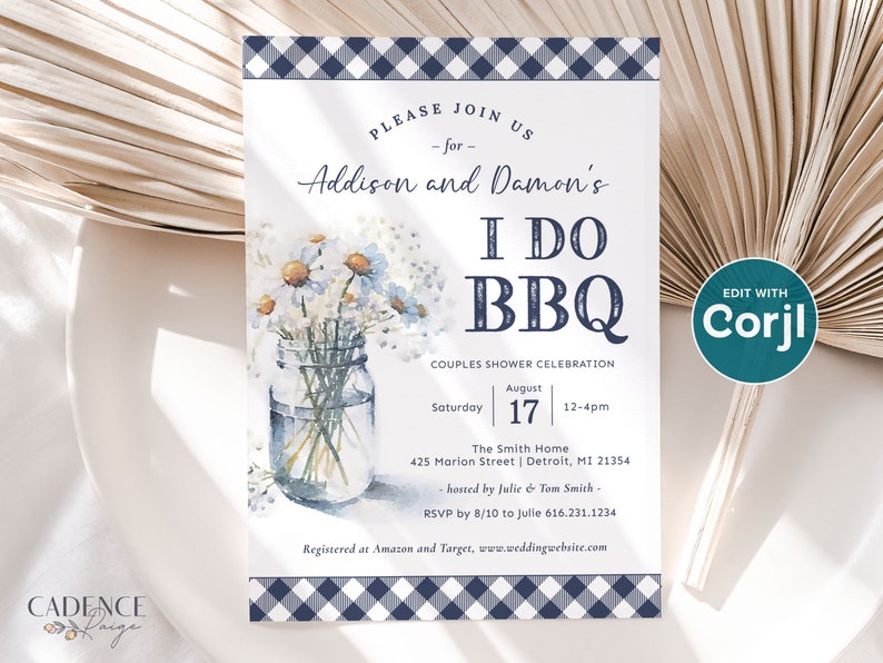 Invitation for BBQ Couples Shower in Navy I Do BBQ Shower Invitation with Daisies in Mason Jar and Navy Gingham Digital Invitation for BBQ image 4