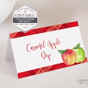 Letreros de comida para fiesta de manzanas, tarjetas de lugar con temática de manzanas, primer cumpleaños de manzanas, etiquetas de comida para hacer tú mismo, Corjl, letreros de comida imprimibles, etiquetas de comida imprimibles, A1