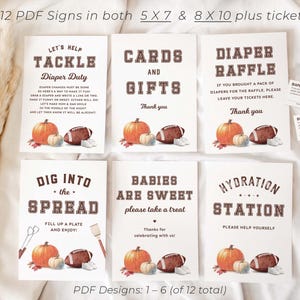 Printable Football Baby Shower Signs to display at a Fall baby shower or tailgate couples shower. The designs include clever football terms for signs such as diaper raffle, favor sign, hydration station, food displays, gift table, etc.