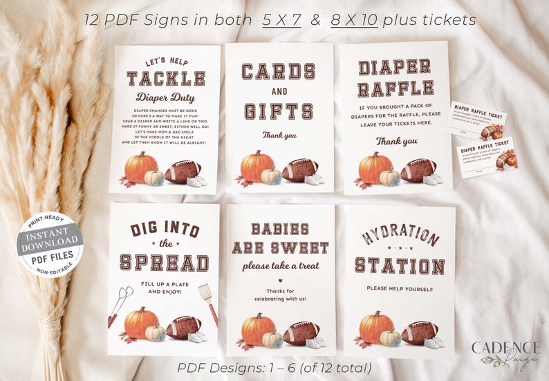 Printable Football Baby Shower Signs to display at a Fall baby shower or tailgate couples shower. The designs include clever football terms for signs such as diaper raffle, favor sign, hydration station, food displays, gift table, etc.