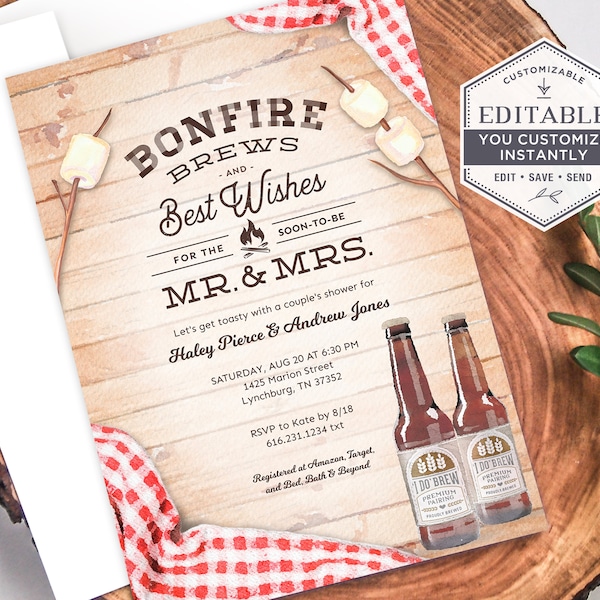 Bonfire Couples Shower Invitation, Bonfire and Brews Invitation, Bonfire & Brews, Country Couple's Shower Invite, DIY, Printable, Corjl, A22