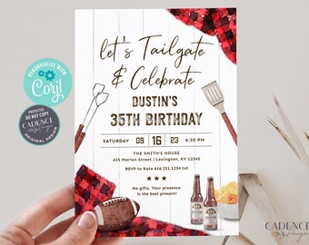 May include: A red and black checkered picnic blanket with a football and two bottles of beer on a white wooden background. The text "Let's Tailgate & Celebrate Dustin's 35th Birthday" is written in brown text on the wooden background. The invitation includes the date, time, and location of the party.