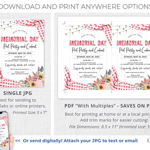 May include: A digital download for a Memorial Day pool party and cookout invitation. The invitation features a red and white gingham tablecloth, a wooden fence, and a floral arrangement. The text on the invitation reads "Memorial Day Pool Party and Cookout" and includes the date, time, and location of the event. The invitation is available in two formats: a single JPG file for printing at a photo lab or online printer, and a PDF file with multiples for printing at home or at a local print shop.