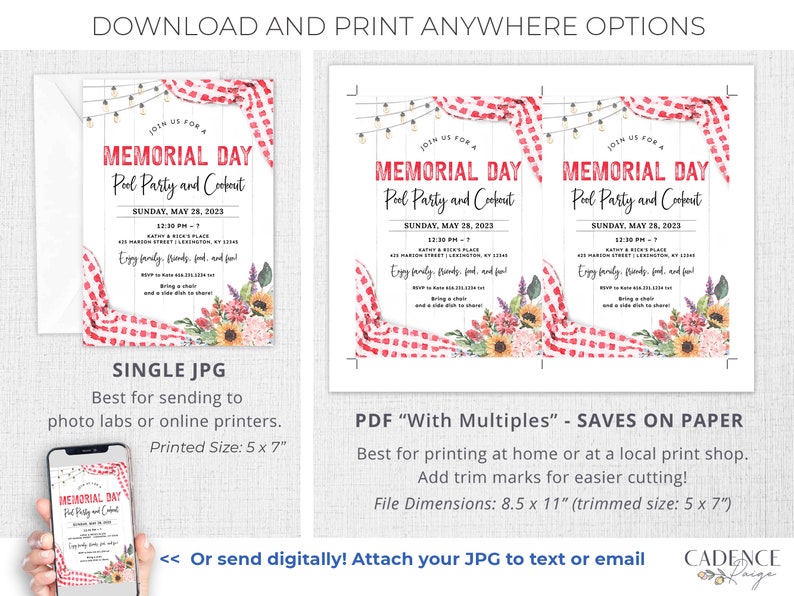 May include: A digital download for a Memorial Day pool party and cookout invitation. The invitation features a red and white gingham tablecloth, a wooden fence, and a floral arrangement. The text on the invitation reads "Memorial Day Pool Party and Cookout" and includes the date, time, and location of the event. The invitation is available in two formats: a single JPG file for printing at a photo lab or online printer, and a PDF file with multiples for printing at home or at a local print shop.