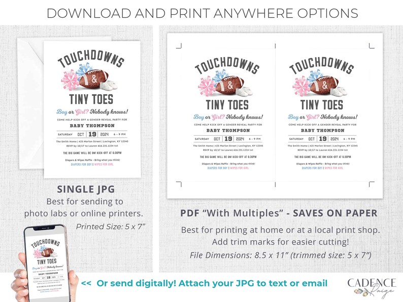 Football Gender Reveal Invitation Touchdown and Tiny Toes Invitation Gender Reveal Party Football Tailgate and Celebrate, Digital Printable image 5