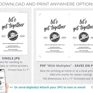 May include: A digital download for a printable invitation to a backyard get-together. The invitation features a black and white illustration of a grill with the text "Let's get together" in a handwritten font. The invitation includes the date, time, and location of the event.