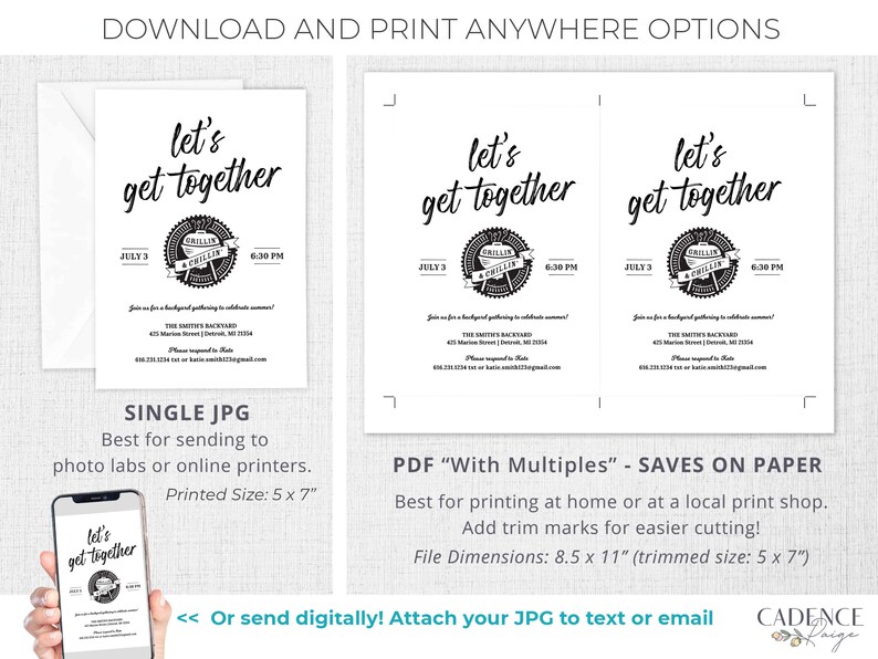 May include: A digital download for a printable invitation to a backyard get-together. The invitation features a black and white illustration of a grill with the text "Let's get together" in a handwritten font. The invitation includes the date, time, and location of the event.