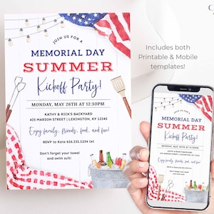 May include: A printable and mobile invitation for a Memorial Day Summer Kickoff Party. The invitation features a watercolor illustration of an American flag, a picnic basket, and a cooler with drinks. The text on the invitation reads "Join us for a Memorial Day Summer Kickoff Party!" and includes the date, time, and location of the party.