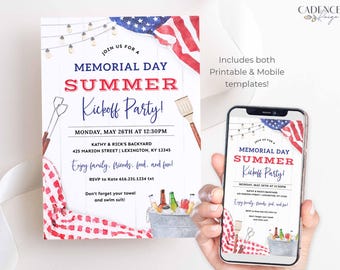 Memorial Day Party Invitation, Memorial Day Picnic Invite, Summer Kick off Pool Party Invite, Memorial Day BBQ Invite, Cookout DIY Printable