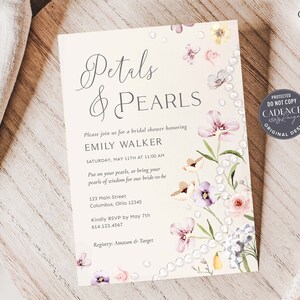 Petals and Pearls Bridal Shower Invitation, Petals Wedding Shower Brunch, Neutral Color Palette, Soft hues Wildflowers Printable Digital P14 image 10