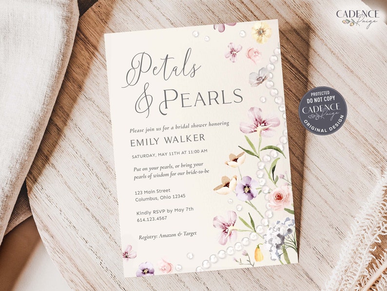 Petals and Pearls Bridal Shower Invitation, Petals Wedding Shower Brunch, Neutral Color Palette, Soft hues Wildflowers Printable Digital P14 image 10
