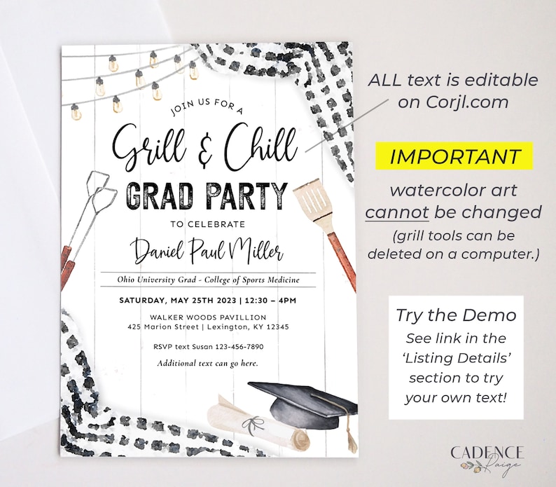 May include: A white and black graduation party invitation with a watercolor illustration of a graduation cap, diploma, and grill tools. The text reads "Join us for a Grill & Chill Grad Party to celebrate Daniel Paul Miller. Ohio University Grad - College of Sports Medicine. Saturday, May 25th 2023 | 12:30 - 4PM. Walker Woods Pavilion. 425 Marion Street | Lexington, KY 12345. RSVP text Susan 123-456-7890. Additional text can go here."