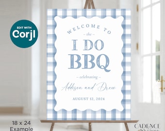 May include: A blue and white gingham welcome sign with the text "Welcome to the I Do BBQ - celebrating - Addison and Drew August 12, 2024".