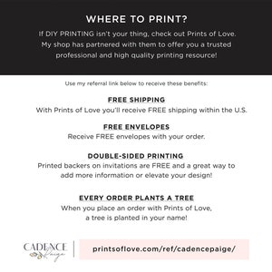 K&ouml;nnte beinhalten: Eine wei&szlig;e und schwarze Grafik mit dem Text "WHERE TO PRINT?" und Informationen &uuml;ber kostenlosen Versand, Umschl&auml;ge und doppelseitigen Druck mit Prints of Love. Der Text "printsoflove.com/ref/cadencepaige/" ist ebenfalls enthalten.