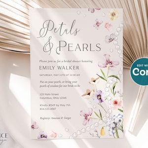 Petals and Pearls Bridal Shower Invitation, Petals Wedding Shower Brunch, Neutral Color Palette, Soft hues Wildflowers Printable Digital P14 image 2