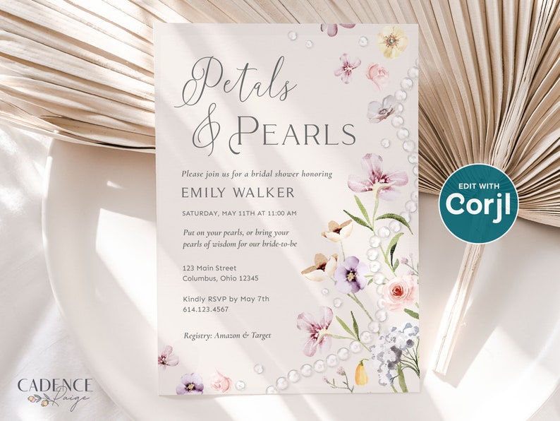 Petals and Pearls Bridal Shower Invitation, Petals Wedding Shower Brunch, Neutral Color Palette, Soft hues Wildflowers Printable Digital P14 image 2