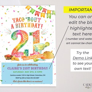 May include: A colourful invitation for a 21st birthday party with a taco theme. The invitation features a large number "21" with a festive design, a margarita glass, and the text "Taco 'Bout A Birthday!" and "Join us in celebrating Claire's 21st Birthday".