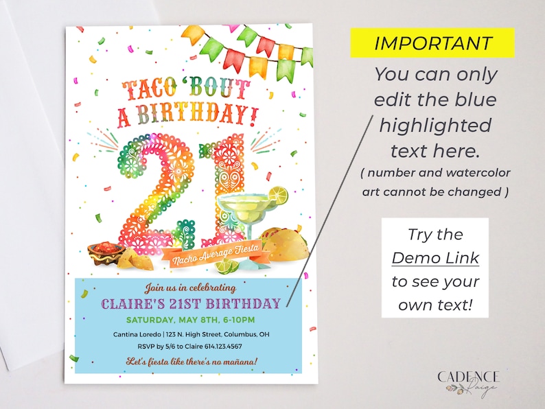 May include: A colourful invitation for a 21st birthday party with a taco theme. The invitation features a large number "21" with a festive design, a margarita glass, and the text "Taco 'Bout A Birthday!" and "Join us in celebrating Claire's 21st Birthday".