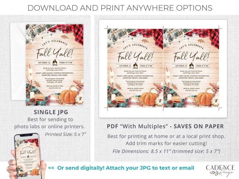 May include: Printable invitation for a Fall Y'all party with a rustic theme. The invitation features a wood background with a plaid pattern, a campfire, and a pumpkin. The text on the invitation reads "Let's Celebrate Fall Y'all!" and includes the date, time, and location of the party.