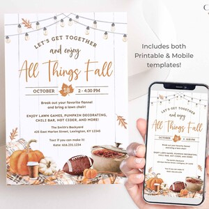 Fall themed party invitation with a rustic wood background and string lights. The invitation reads 'Let's Get Together and Enjoy All Things Fall' with the date 'October 14, 2-4:30 PM'. The invitation also includes details about the party, such as the location, RSVP information, and a list of activities. The invitation is decorated with fall-themed illustrations, such as pumpkins, leaves, and a football.