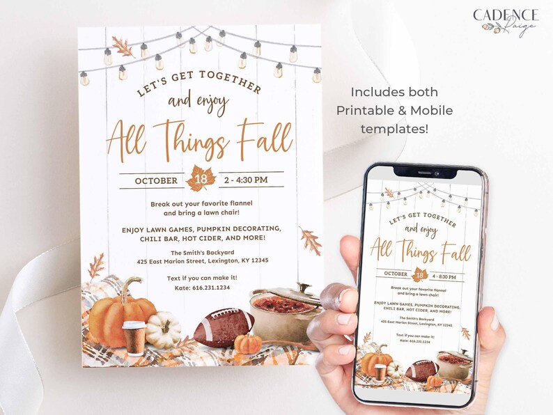 Fall themed party invitation with a rustic wood background and string lights. The invitation reads 'Let's Get Together and Enjoy All Things Fall' with the date 'October 14, 2-4:30 PM'. The invitation also includes details about the party, such as the location, RSVP information, and a list of activities. The invitation is decorated with fall-themed illustrations, such as pumpkins, leaves, and a football.