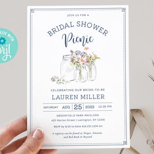 Bridal Shower Picnic Invitation, Picnic Bridal Shower Invitation, Picnic Wedding Shower, Backyard Bridal Shower, with Mason Jars, Printable