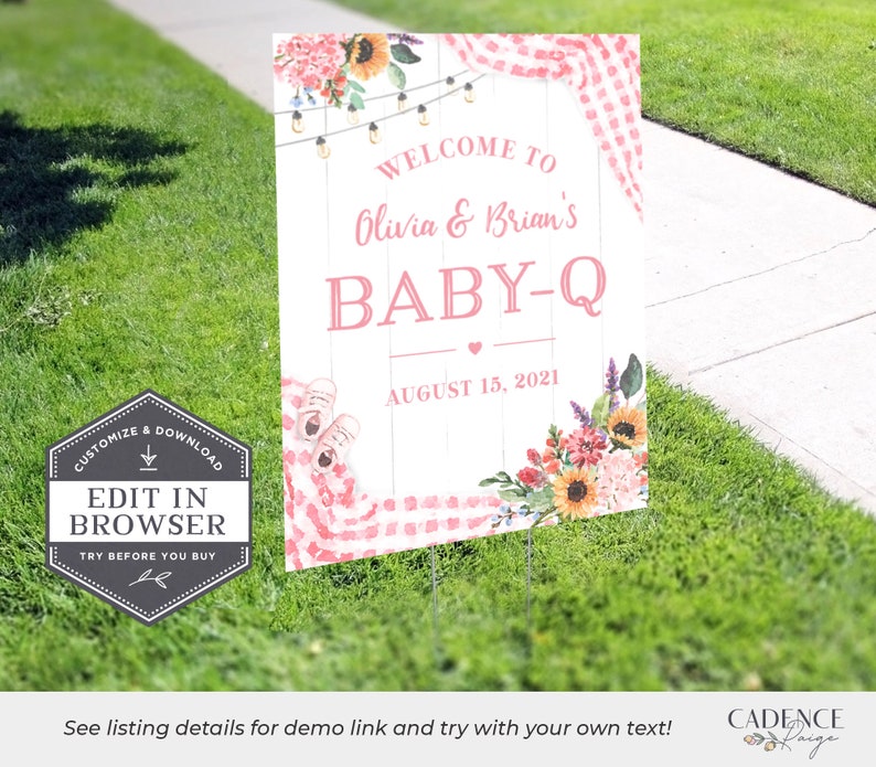 Pu&ograve; includere: Un cartello per baby shower rosa e bianco con un design floreale e il testo "Benvenuti a Olivia & Brian's Baby-Q 15 agosto 2021".