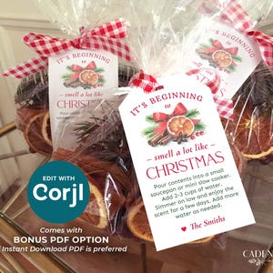 May include: White gift tag with red and green illustrations of a Christmas tree, oranges, cinnamon sticks, and star anise. The text on the tag reads "It's beginning to smell a lot like Christmas".  Instructions for making a simmer pot are included on the tag.