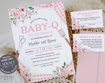 Faire-part de shower de bébé rose poudré, faire-part de shower de bébé fille Q, invitation de shower de bébé étudiante, baby shower dans le jardin, imprimable, Corjl, BQ15