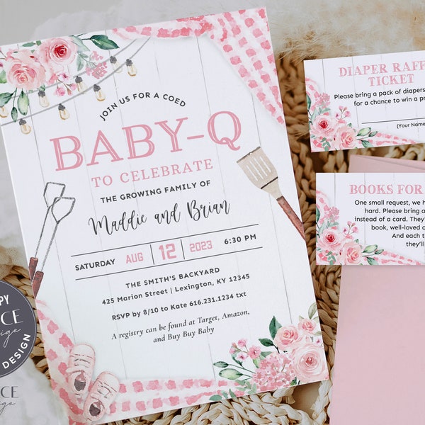 Blush Pink Baby-Q Shower Invitation, Girl Baby Q Shower Invitation, Coed Baby Shower Invite, Backyard Baby Shower, Printable, Corjl, BQ15