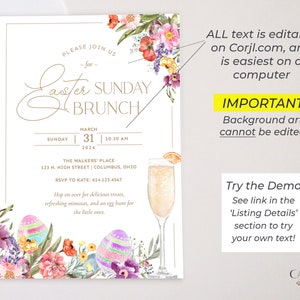 K&ouml;nnte beinhalten: Eine Einladung zu einem Oster-Sonntagsbrunch mit einem Aquarell-Blumendesign. Die Einladung enth&auml;lt Datum, Uhrzeit, Ort und RSVP-Informationen. Der Text lautet "Bitte schlie&szlig;en Sie sich uns zum Oster-Sonntagsbrunch an, Sonntag, 31. M&auml;rz 2024, 10:30 Uhr, The Walkers' Place, 123 N. High Street, Columbus, Ohio, RSVP an Kate: 614.123.4567".