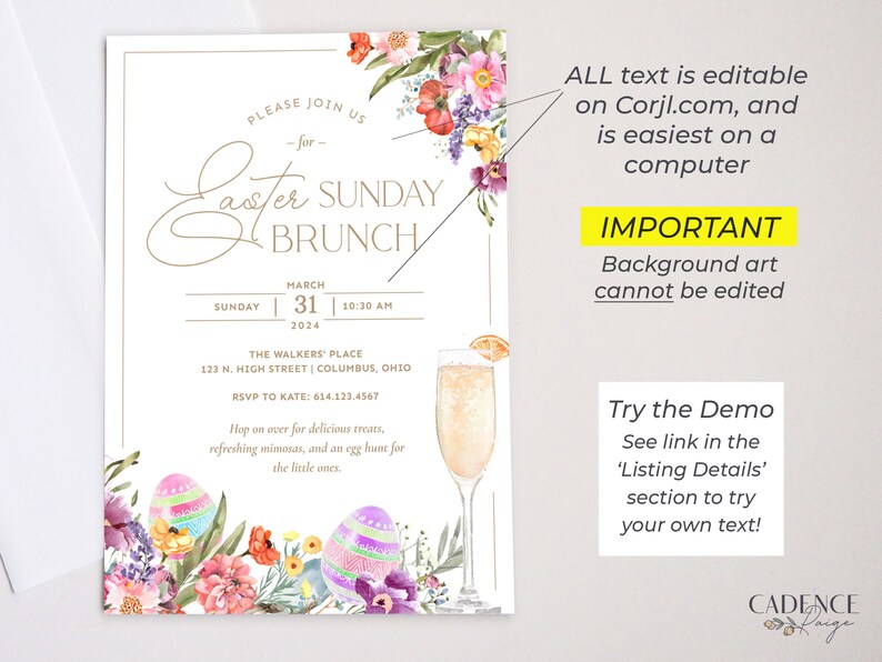 K&ouml;nnte beinhalten: Eine Einladung zu einem Oster-Sonntagsbrunch mit einem Aquarell-Blumendesign. Die Einladung enth&auml;lt Datum, Uhrzeit, Ort und RSVP-Informationen. Der Text lautet "Bitte schlie&szlig;en Sie sich uns zum Oster-Sonntagsbrunch an, Sonntag, 31. M&auml;rz 2024, 10:30 Uhr, The Walkers' Place, 123 N. High Street, Columbus, Ohio, RSVP an Kate: 614.123.4567".