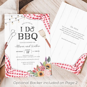 May include: A couples shower invitation with the text "I Do BBQ" on a white wood-grain background. The invitation includes event details, a red and white checkered border, and watercolor illustrations of BBQ tools and flowers.