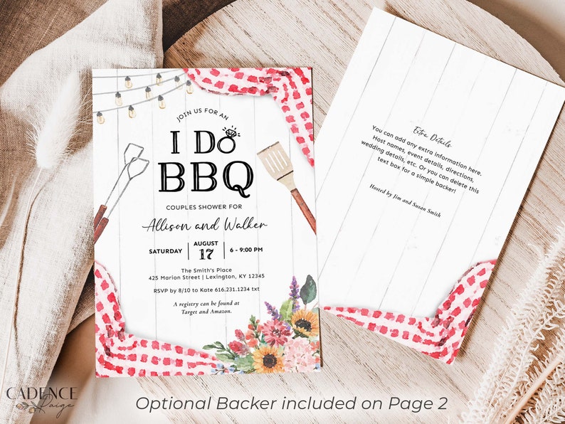 May include: A couples shower invitation with the text "I Do BBQ" on a white wood-grain background. The invitation includes event details, a red and white checkered border, and watercolor illustrations of BBQ tools and flowers.