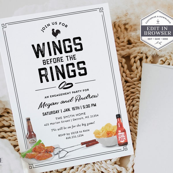 Casual Engagement Party Invitation, Wing Night, Casual Rehearsal Dinner Invite, Chicken Wings, Easy Fun Engagement Party, Printable Corjl